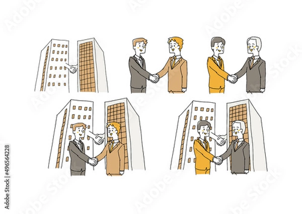 Fototapeta 企業合併や会社の提携に関するイラストセット　コミカルな手書きの人物　ベクター、線画にカラー