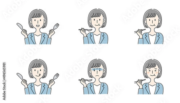 Fototapeta 手描き風・食事をする女性のベクターイラストセット