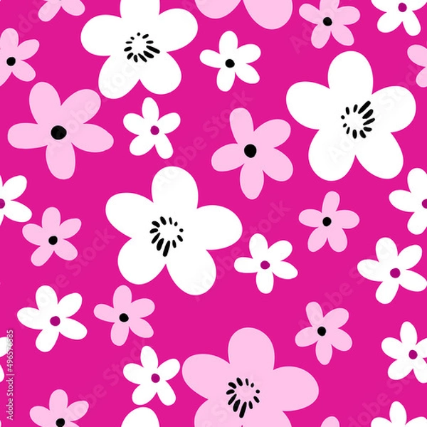 Fototapeta Seamless floral pattern based on traditional folk art ornaments. Colorful flowers on color background. Scandinavian style. Sweden nordic style. Vector illustration. Simple minimalistic pattern
