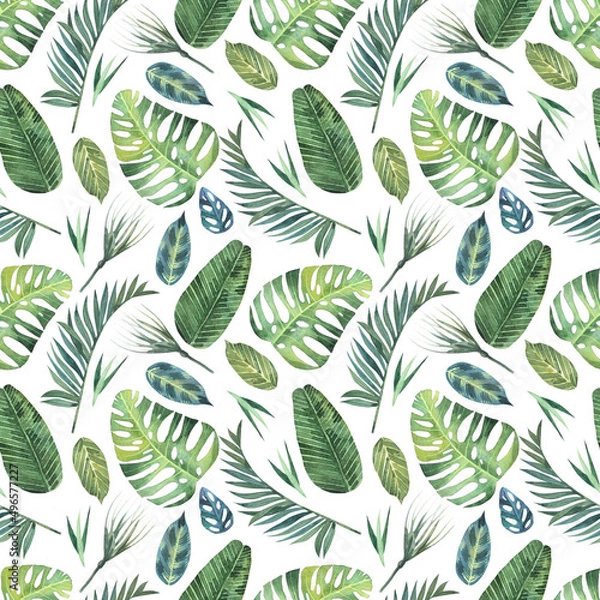 Fototapeta Tropical seamless pattern with hand drawn watercolor leaves. Background with tropical leaves of palm trees, monsters and banana. Tropical illustration for fashionable fabric, tropical prints, decor