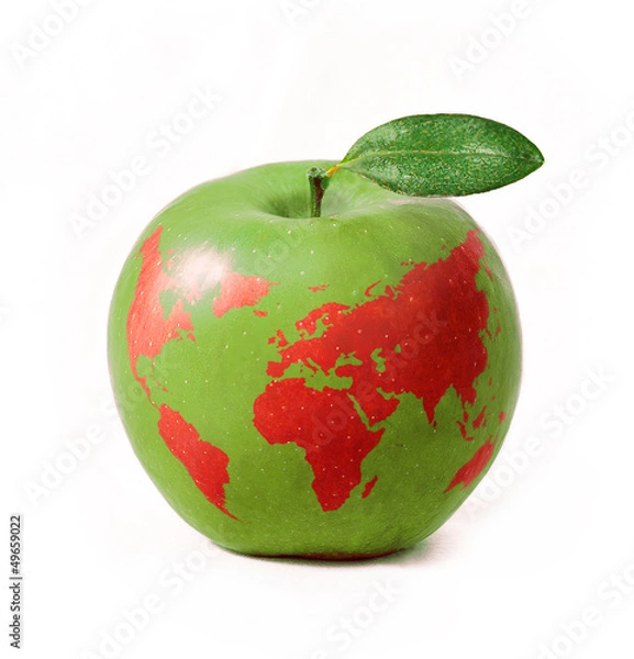 Fototapeta green apple with red world map, isolated on white background