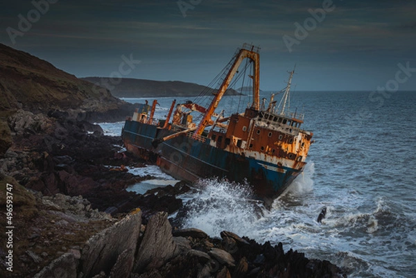 Fototapeta The MV Alta, an unmanned General Cargo ship which washed up on the South-east coast of Ireland in County Cork, on the 16th of February 2020, after drifting in the Atlantic ocean for 18 months. Ireland