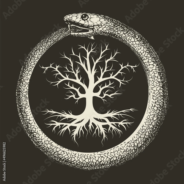 Fototapeta Ouroboros Snake and Tree of Life Ancient Esoteric Symbol