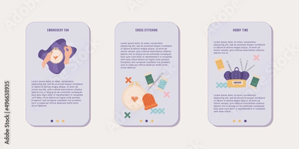 Obraz Collection of banners for mobile app or web with embroidery and sewing tools and objects. Vector illustration for web design. Concept of handmade workshop and school.