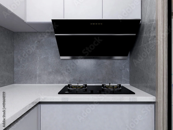 Fototapeta 3D rendering,Spacious modern luxurious kitchen with bar design.