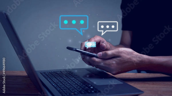 Obraz Close-up hands using mobile smartphone with chatting conversation chat box, message, information. Communication Digital Web and social network Concept.