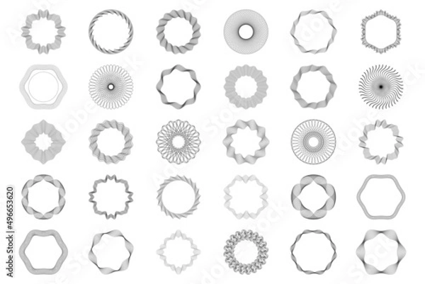 Fototapeta Set: Guilloche Pattern Rosette Elements for certificate, diploma, voucher, money design, currency, note, check, ticket, isolated. Vector illustration