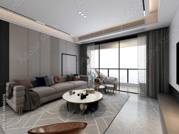 Obraz 3D rendering, simple modern living room single chair with coffee table, and green plants as decorations.