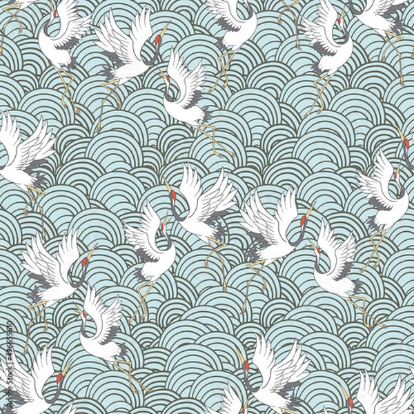 Fototapeta Decorative kimono floral motif background pattern with crane and flowers