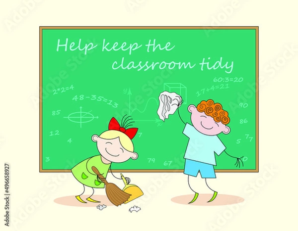 Fototapeta Schoolchildren help clean the classroom and tidy up the blackboard