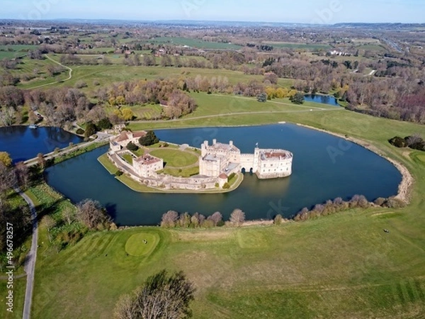 Fototapeta Aerial drone. Leeds Castle in Maidstone, Kent, England. It is built on islands in a lake formed by the river Len.