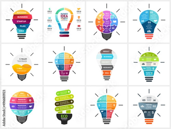 Fototapeta Puzzle light bulb Infographic. Generating new ideas concept. Vector slide template. Creative brainstorming diagram.