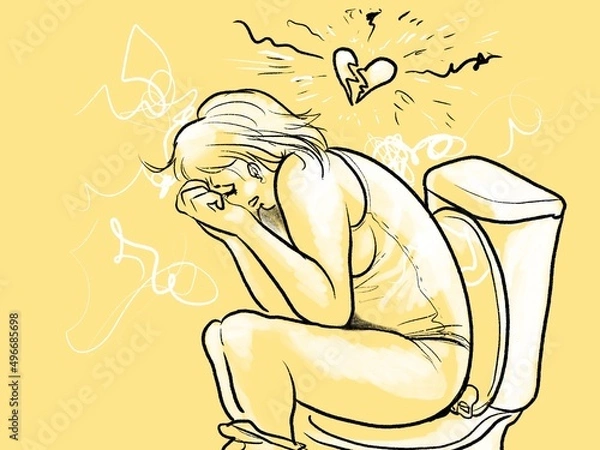 Fototapeta An illustration of a young woman sitting on toilet and crying, sad, lonely and heartbroken after miscarriage