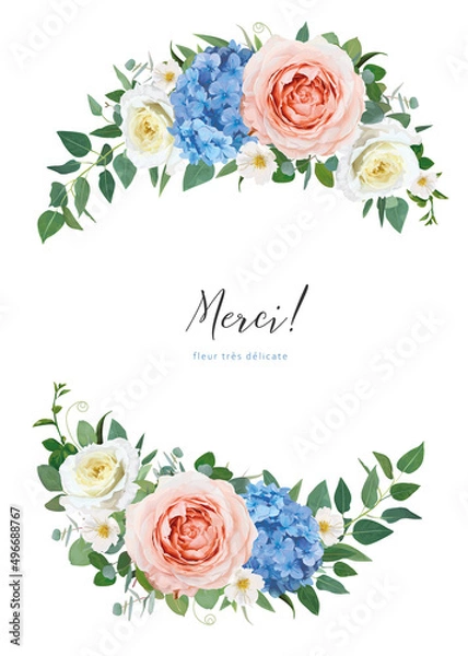 Fototapeta Floral wedding invite, thank you,  Mother's Day greeting card vector art template design. Editable watercolor blue hydrangea, peach, yellow garden rose flowers, eucalyptus green leaves bouquet, wreath