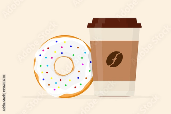 Fototapeta a cup of coffee in a paper cup with a lid and a donut
