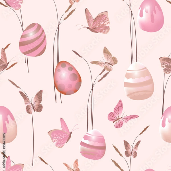 Fototapeta Seamless pattern with Easter eggs and butterflies.