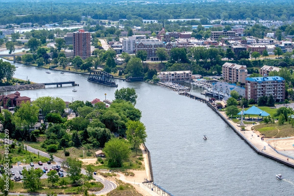 Obraz Ariel view over St Joseph Michigan in the USA, with the St Joseph river flowing into Lake Michigan