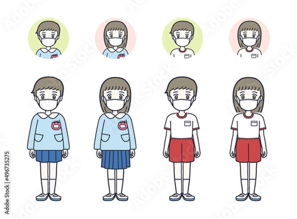 Fototapeta マスクをしているスモックを着ている幼稚園児と体操服を着ている幼稚園児