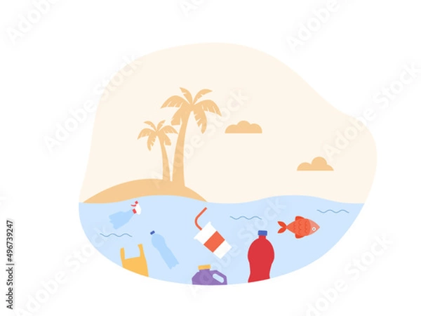 Fototapeta Plastic waste that pollutes the sea. Plastic waste is difficult to decompose so it can be eaten by marine biota. Ai vector illustration