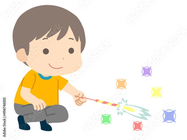 Fototapeta 花火をする男の子のイラスト