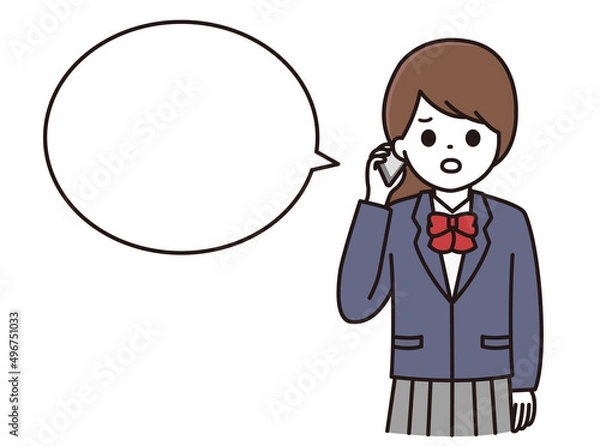 Obraz 学生 女性 スマートフォン 通話 困惑 吹き出し