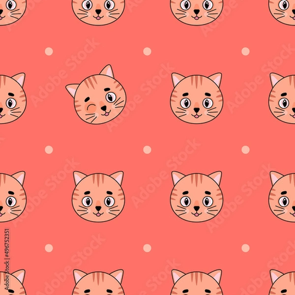 Obraz Seamless vector pattern with cute kittens' heads and dots.