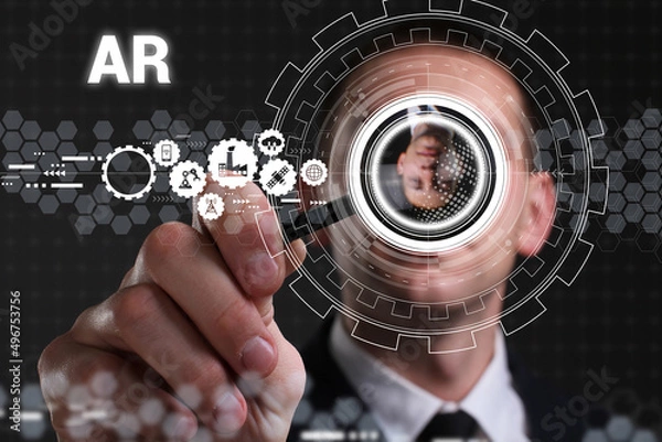 Obraz Business, technology, internet and network concept. Young businessman thinks over the steps for successful growth: AR