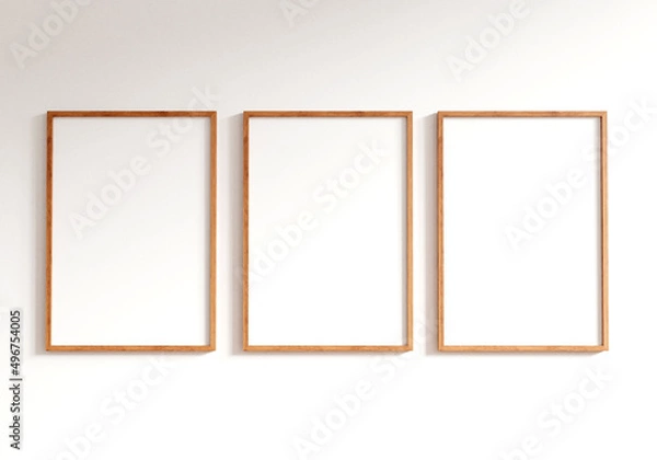 Fototapeta Three empty photo frame for mockup in empty white room. 3D rendering.