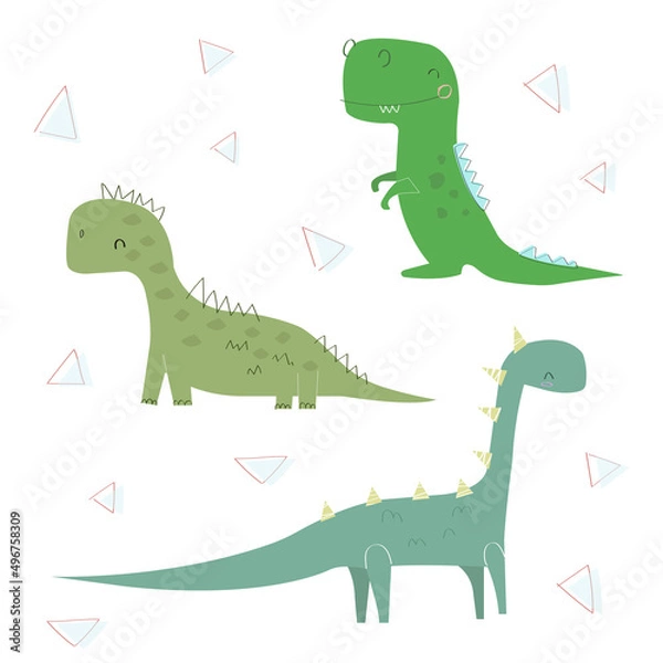 Fototapeta Dino set. Funny cute cartoon dinosaurs. Cute t rex, characters. Hand drawn vector doodle set for kids. Isolated elements on white background.