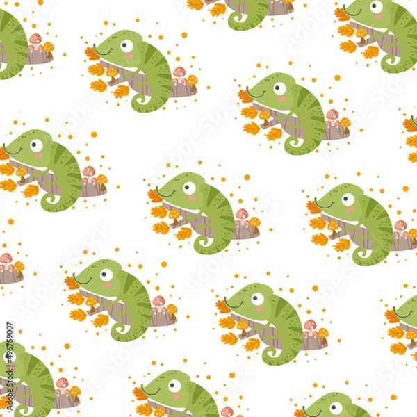Fototapeta seamless repeating simple flat pattern with chameleons in scandinavian style on a white background. Cute baby animals. Pattern for kids with chameleon.