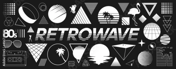 Fototapeta Set of retrowave design elements. Sunset, palm tree, flamingo, pyramid, audio cassette, sunglasses, striped and line style geometry. Pack of retrowave 1980s style design elements. Vector