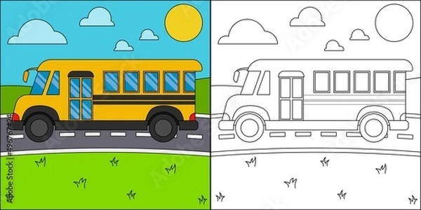 Fototapeta School bus on the highway suitable for children's coloring page vector illustration