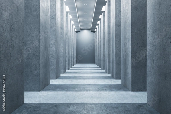 Fototapeta Modern concrete corridor interior with pillars and daylight. 3D Rendering.