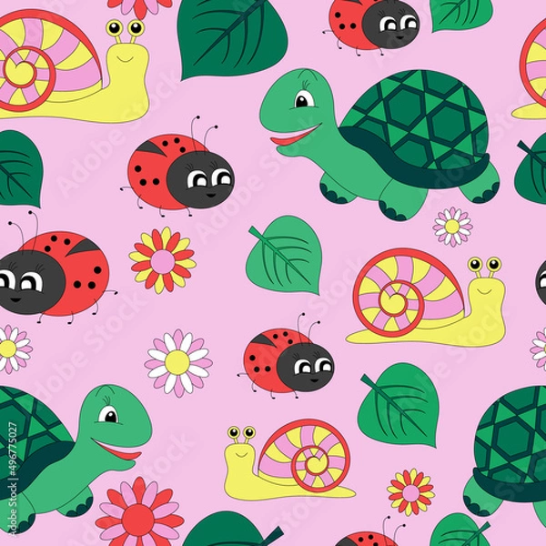 Fototapeta Seamless pattern for kids with animals. Turtle, ladybug and snail. On a pink background with flowers and leaves.