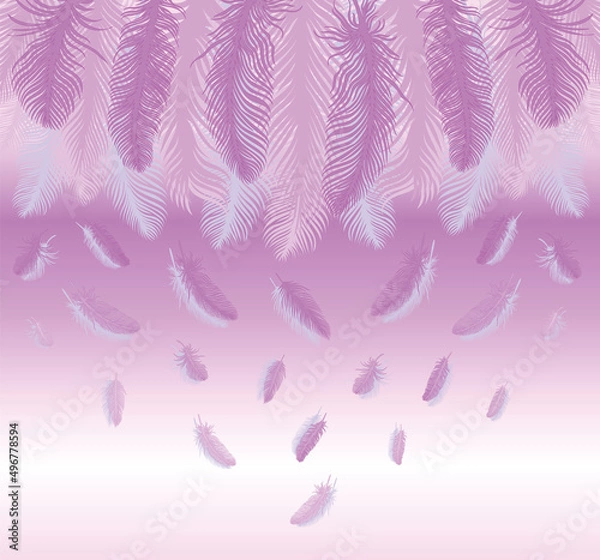 Fototapeta Feathers with a beautiful pink gradient background. Large feathers on top. Little feathers fall 
