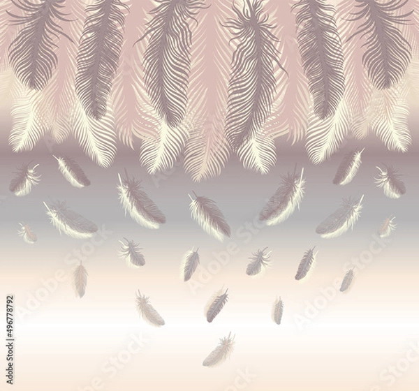 Fototapeta Pastel-colored seamless feather pattern. Seamless background with feathers of bird. Repeating texture. Boho style
