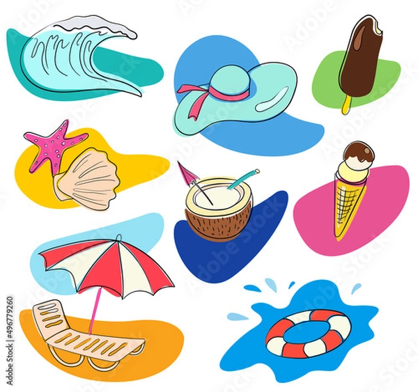 Fototapeta Summer label elements of a beach holiday. Set of vector icons on the theme of vacation and travel: ice cream, starfish and shell, coconut, sun hat, umbrella and deck chair, wave, lifebuoy.