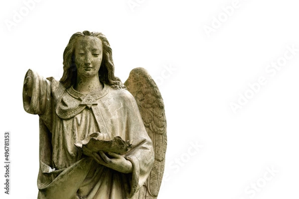 Fototapeta Death concept. Angel with a broken wing as symbol of pain, fear and end of human life. Fragment of an ancient statue isolated on white background.