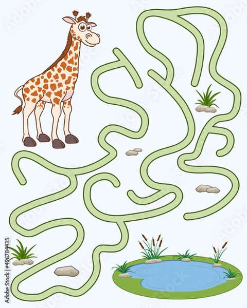Fototapeta Help the giraffe find the pathway to watering hole. Logic Game for kids. Entry and exit. Funny Labyrinth with solution. Educational maze game with character giraffe. Vector cartoon style illustration.