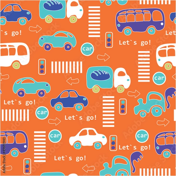 Fototapeta Seamless pattern with colorful little cars