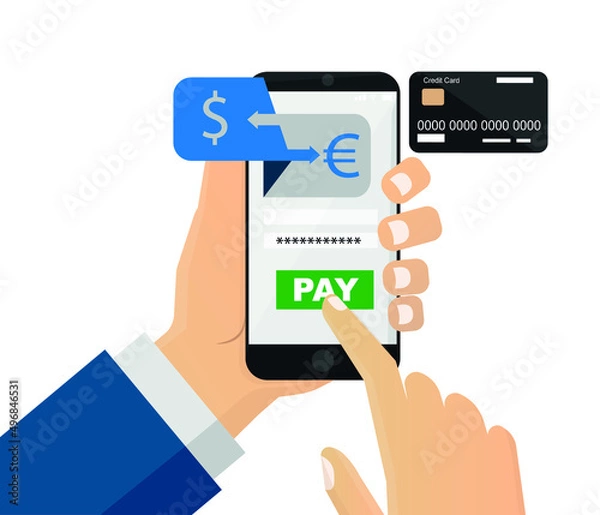 Obraz Hand holding mobile phone. Pay online to a bank account or wallet with a smartphone. editable vector
