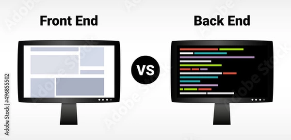 Fototapeta Front end vs back end, frontend vs backend – client-side and server-side. Web banner, web development, programming. Front end – visual interactive elements, Back end – a part that users cannot see.