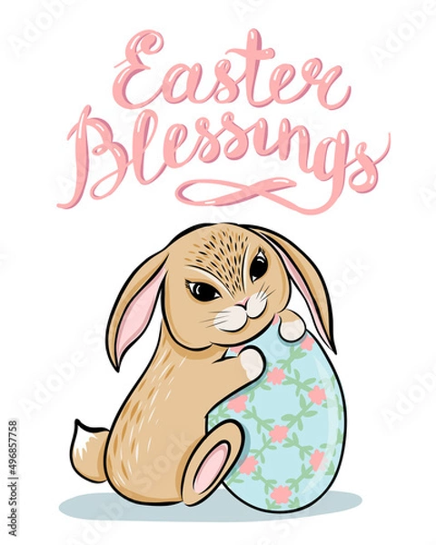 Fototapeta Bunny holding easter egg with floral ornament.Happy easter greeting card.Pastel colors rabbit vector illustration isolated on white backgroud. .Suitable for nursery adn post card design.