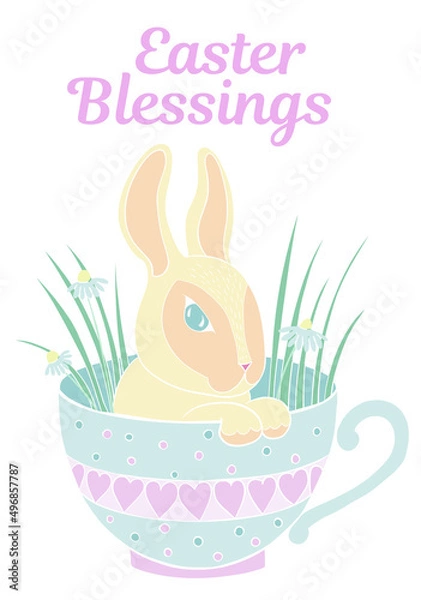 Fototapeta  Pastel yellow and blue colors rabbit vector illustration isolated on white backgroud. Happy easter greeting card.Cute easter bunny in the cup..Suitable for nursery and post card design.