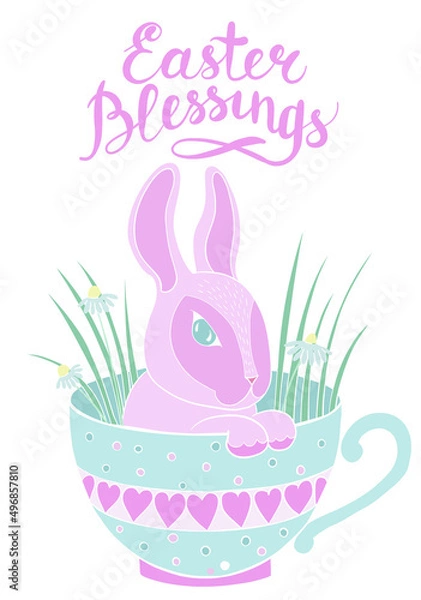 Fototapeta  Cute easter bunny in the cup.Pastel purple and blue colors rabbit vector illustration isolated on white backgroud. Happy easter greeting card..Suitable for nursery and post card design.