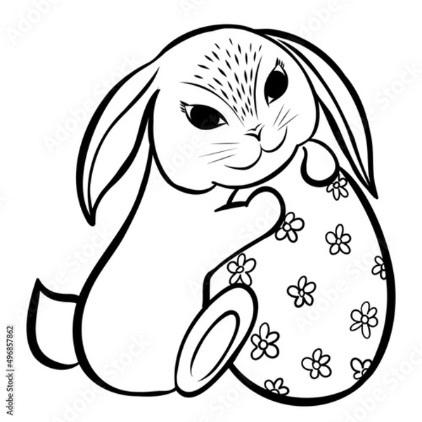 Fototapeta Bunny holding easter egg with floral ornament.Happy easter greeting card. Rabbit silhouette vector illustration isolated on white backgroud. .Suitable for svg cricut and post card design .
