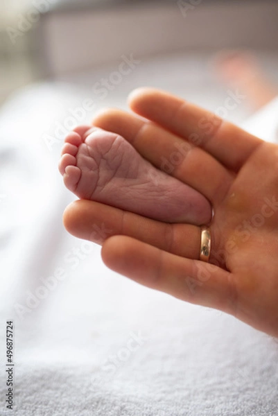 Obraz Tiny baby leg between mom's fingers selective focus