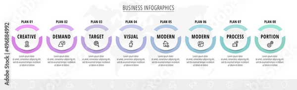 Obraz Vector hand-drawn infographics with 8 circles and labels. Modern concept graphic process template with eight steps and symbols. Sketch timeline for business project on white background