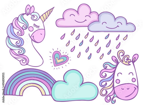 Fototapeta Cute unicorn head clip art with colorful mane.Cartoon style vector illustration of rainbow; clouds; heart isolated on white background.; Suitable for nursery and post card design and svg for cricut