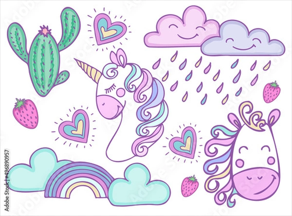 Fototapeta Cute unicorn heads clip art with colorful mane.Cartoon style vector illustration of cactus, rainbow; clouds; heart.Suitable for nursery design and post card design and svg for cricut